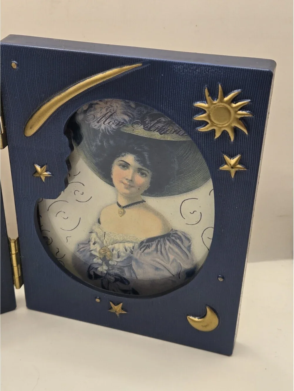 Vintage 90s Celestial Double Picture Frame Blue Gold Sun Moon Star Whimgisoth